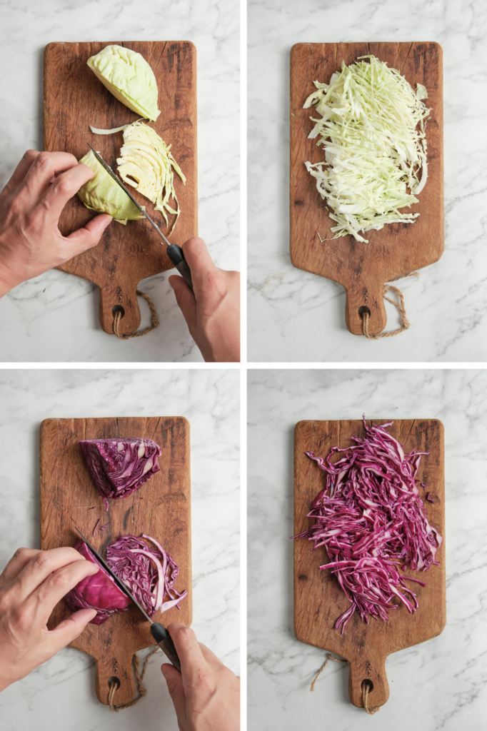 A close-up of cabbage and carrot being prepared for a salad or slaw, showing different cutting methods such as knife slicing and grating. The vegetables are thinly shredded and placed into a bowl of ice water to crisp up, then drained and patted dry, ready for use.