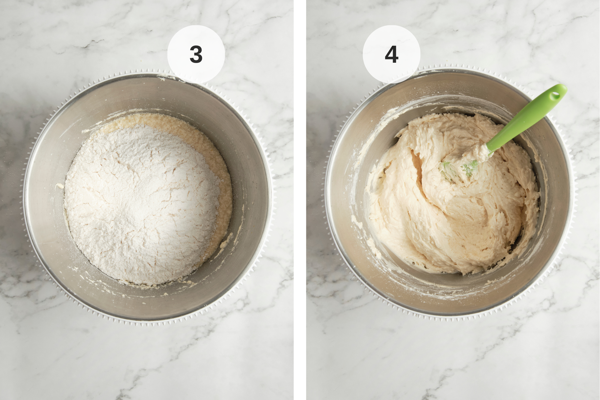 Dry ingredients being folded into the lemon batter until smooth and fully combined, creating a soft, even mixture without visible flour streaks.
