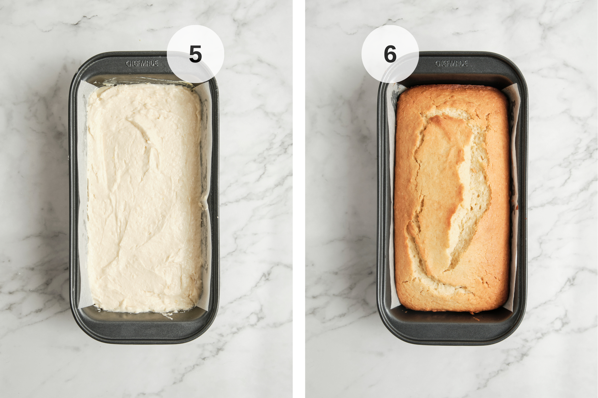 Lemon loaf batter spread evenly in a loaf pan, ready to bake, with a golden cake baking in the oven until a knife comes out clean.