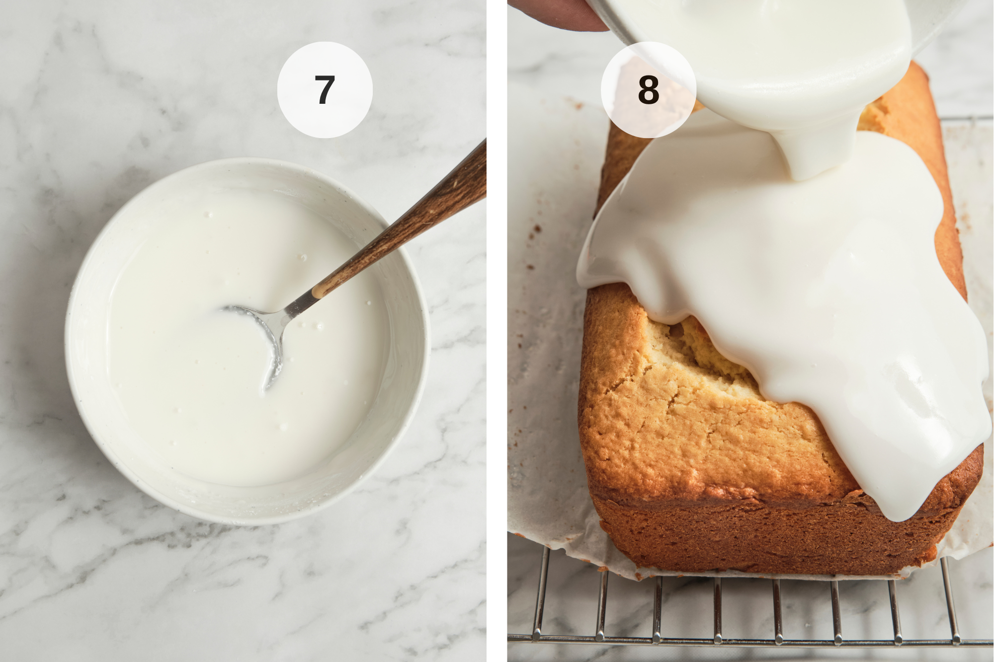 Bowl of lemon icing being whisked until smooth and glossy, with milk added as needed to adjust the consistency before glazing the cake.