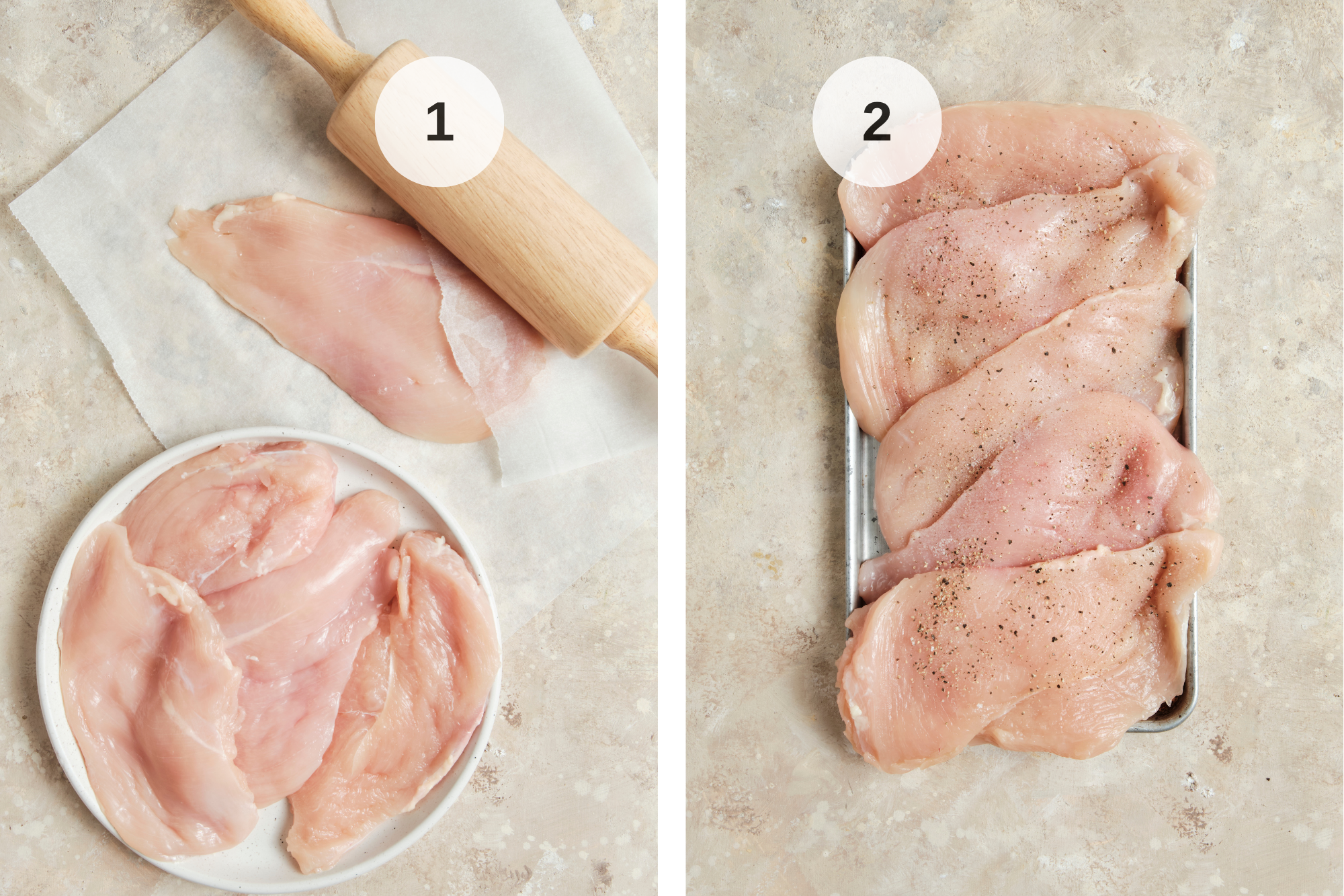 Chicken breasts being pounded thin between sheets of parchment paper with a rolling pin, then seasoned with salt and black pepper to prepare crispy Chicken Francese cutlets.