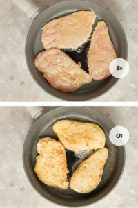 Golden Chicken Francese cutlets frying in a skillet with butter and olive oil, creating a crispy crust while cooking until tender and juicy.