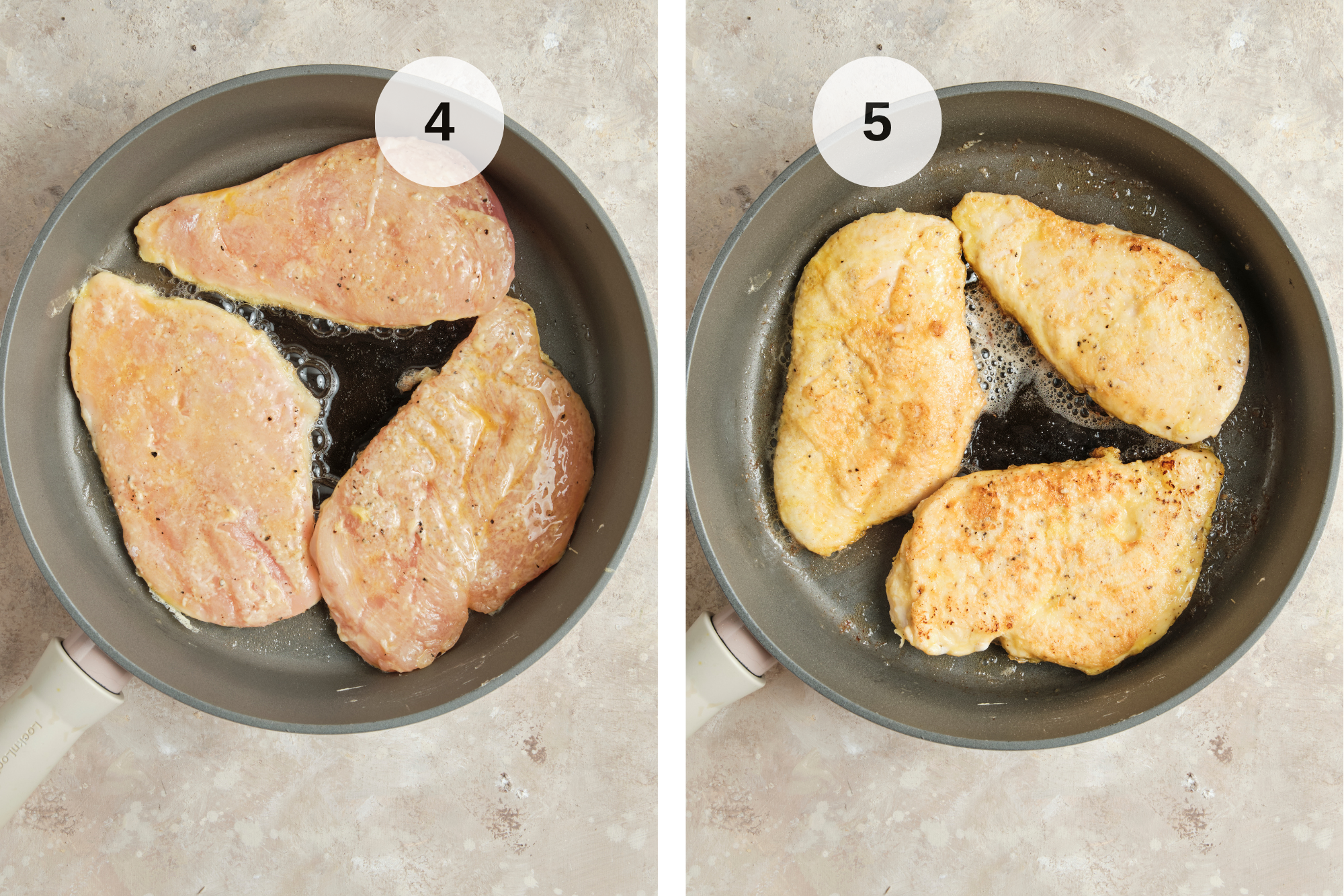 Golden Chicken Francese cutlets frying in a skillet with butter and olive oil, creating a crispy crust while cooking until tender and juicy.
