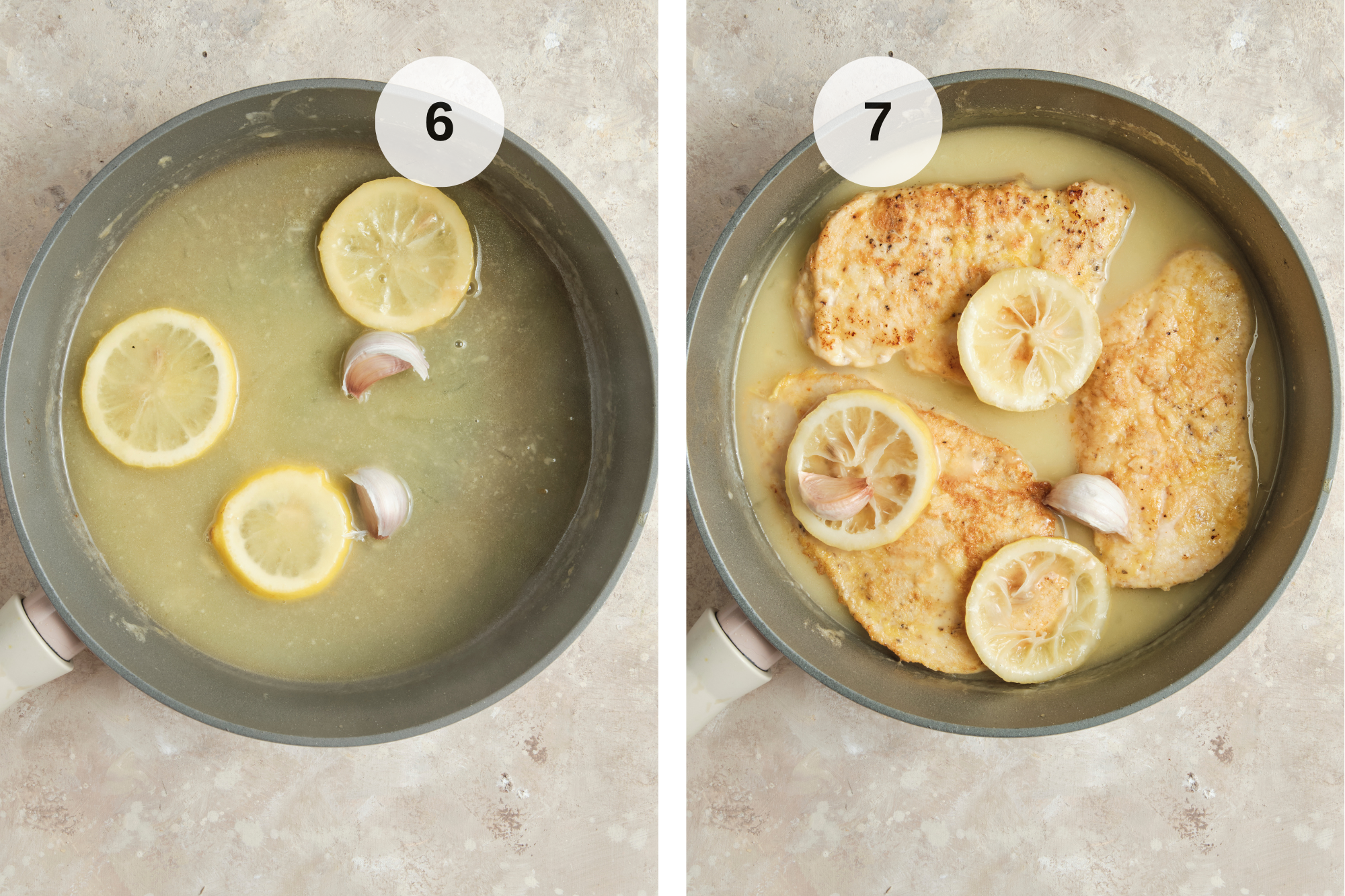 Creamy lemon butter sauce simmering in a skillet with garlic cloves and lemon slices, made with white wine, chicken stock, and fresh lemon juice for Chicken Francese.