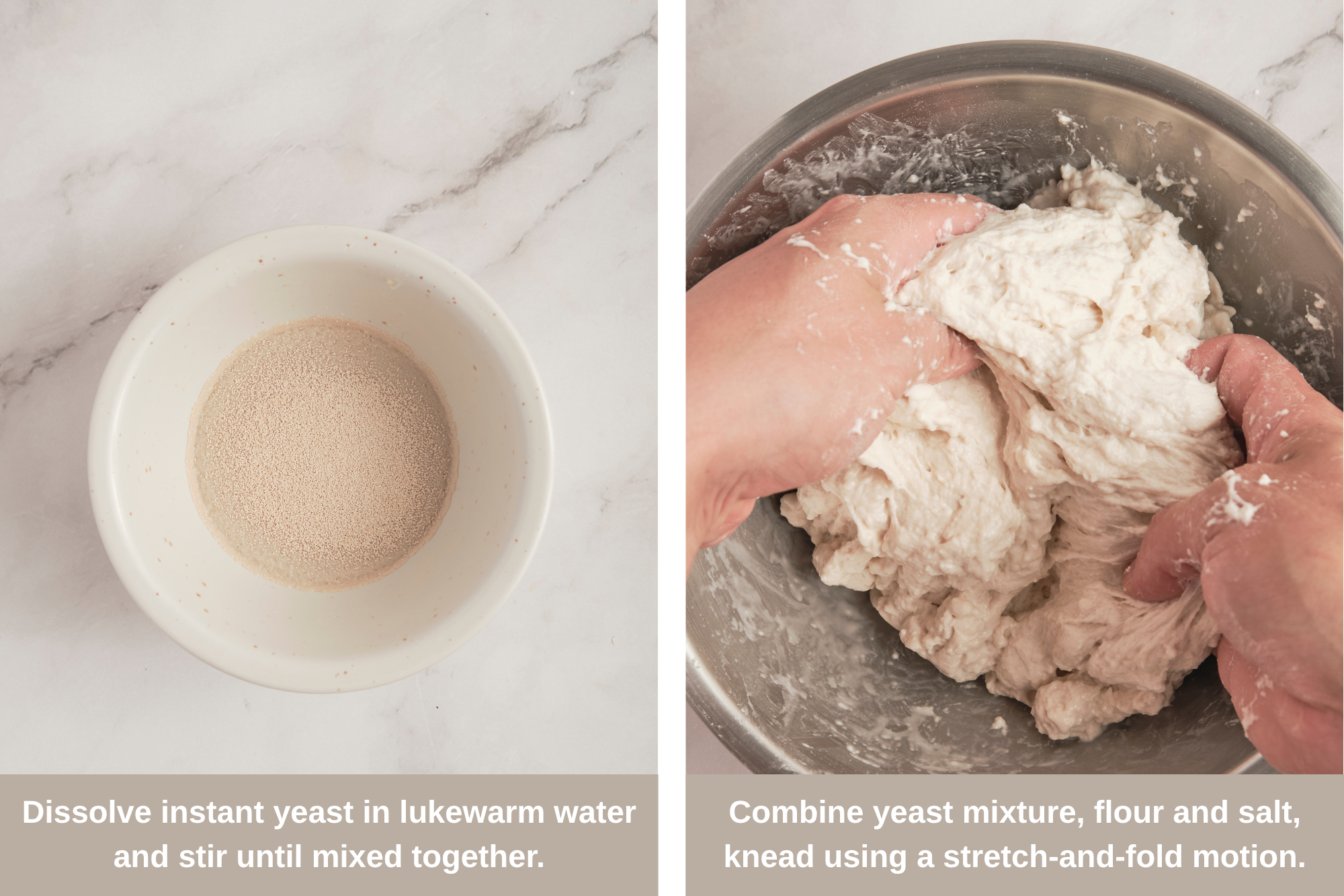 Step-by-step process of making ciabatta bread, showing mixing the dough, kneading, stretching and folding, proofing, shaping, and baking until golden and crusty.
