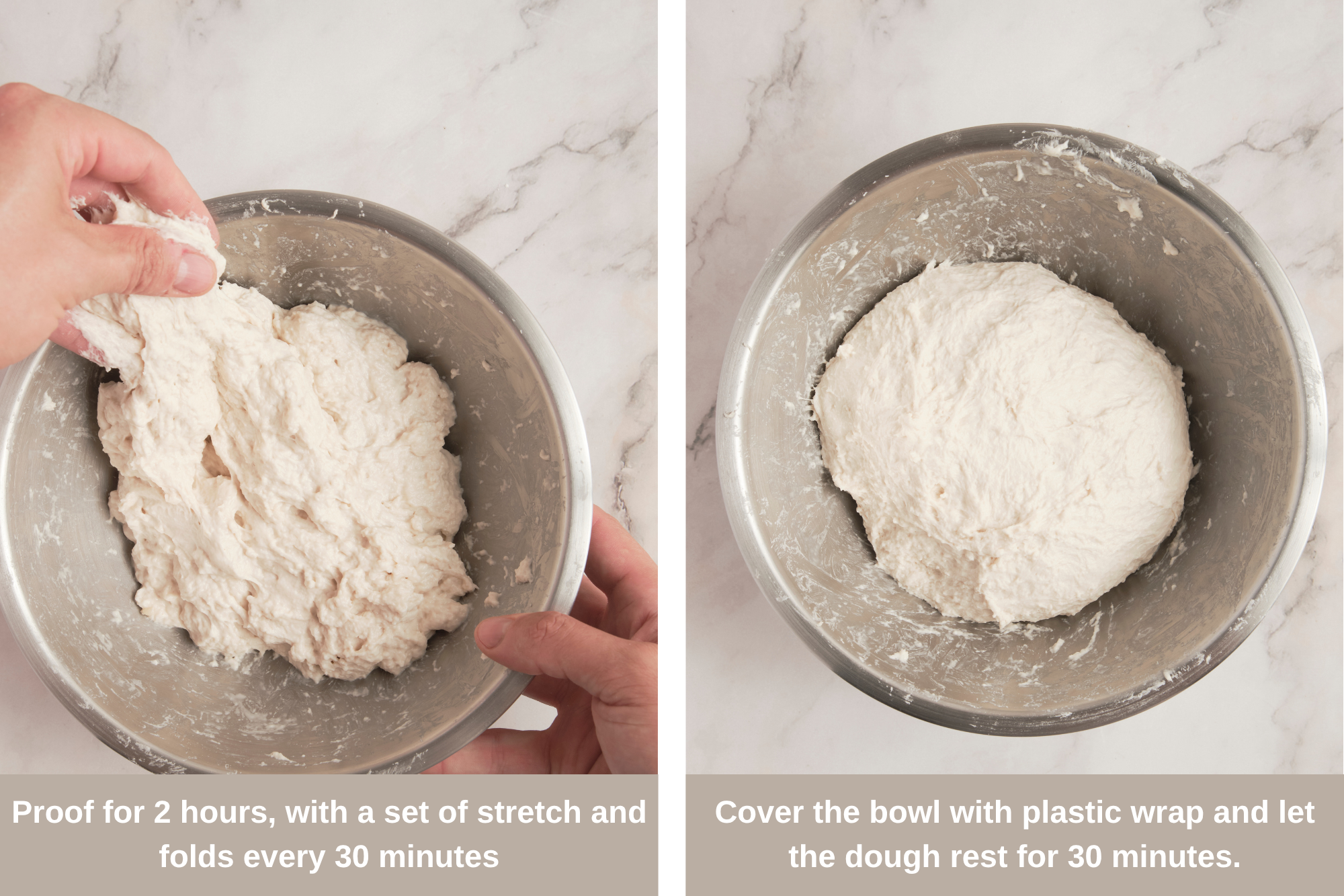 Step-by-step process of making ciabatta bread, showing mixing the dough, kneading, stretching and folding, proofing, shaping, and baking until golden and crusty.