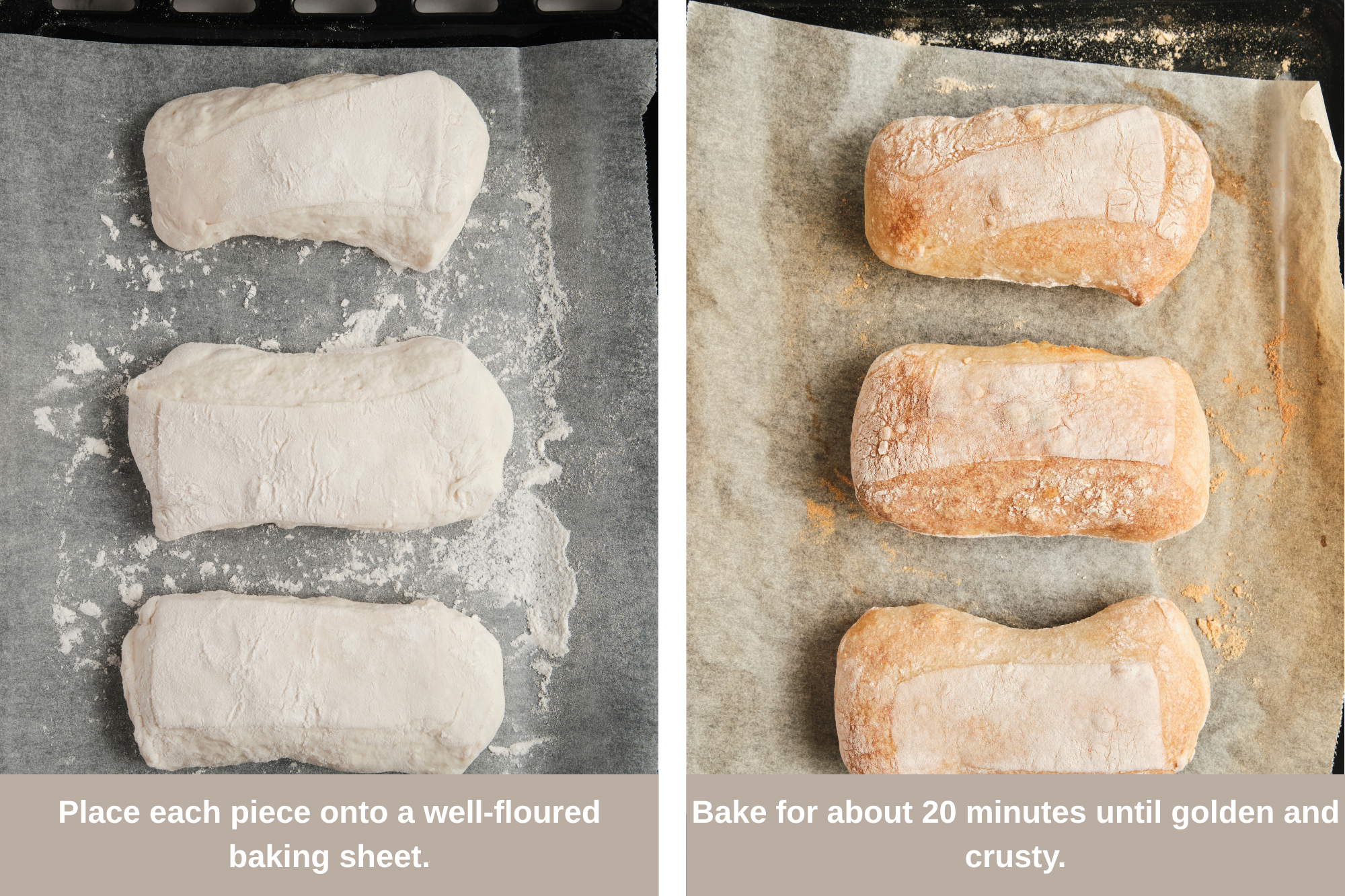 Step-by-step process of making ciabatta bread, showing mixing the dough, kneading, stretching and folding, proofing, shaping, and baking until golden and crusty.