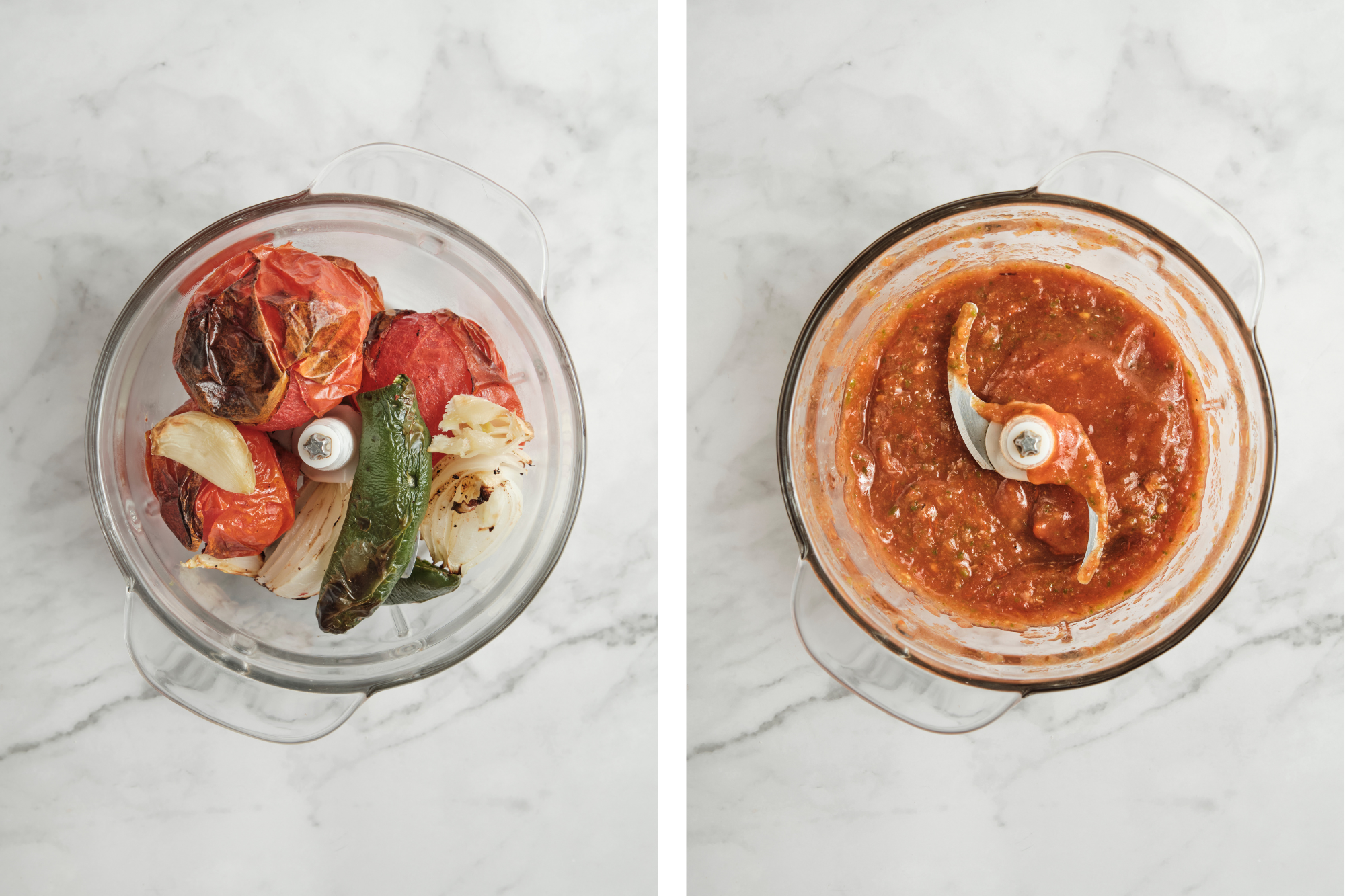Immersion blender blending roasted tomatoes, onion, jalapeños, and garlic into a smooth and smoky homemade ranchero sauce.