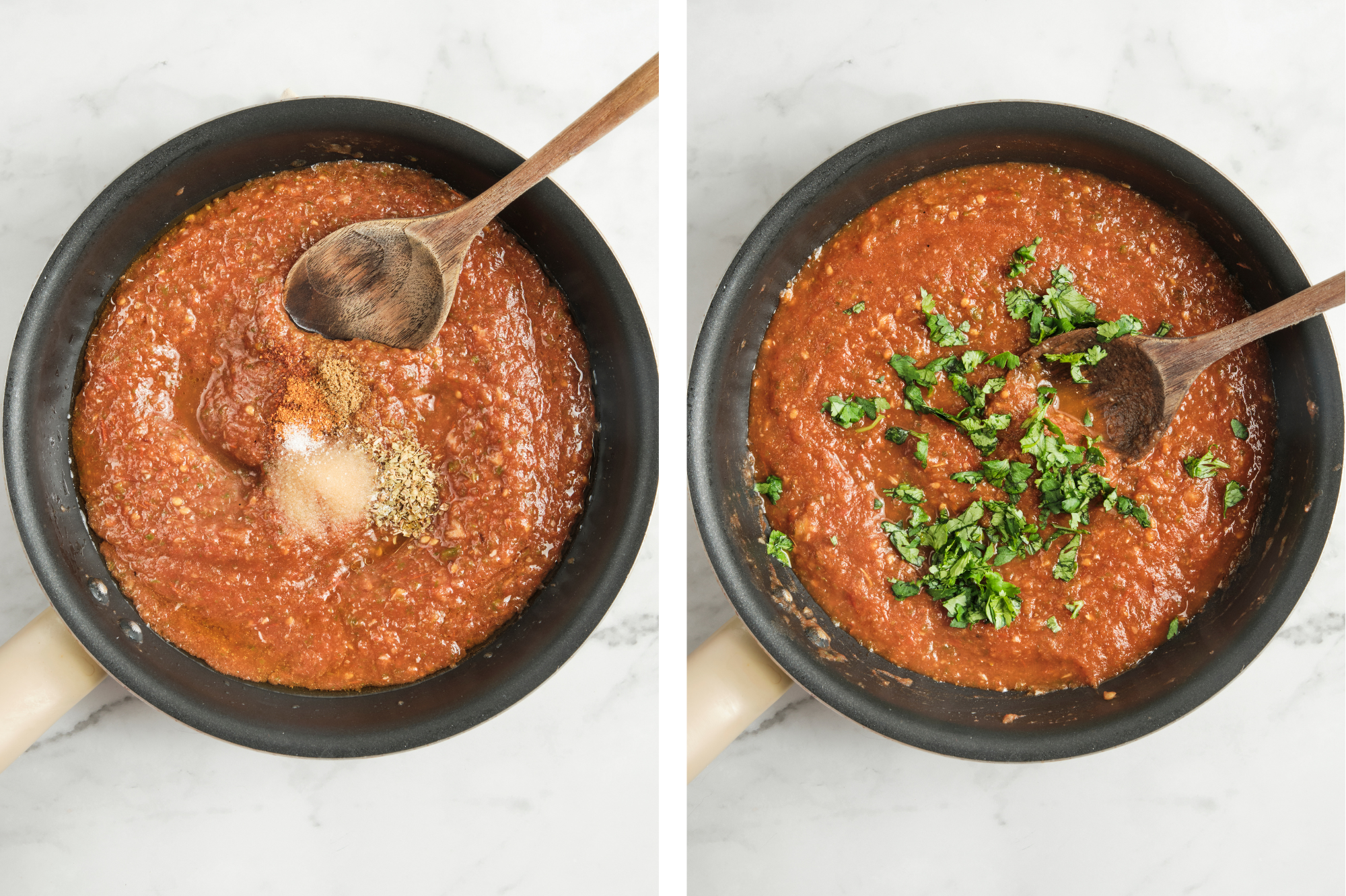 Homemade ranchero sauce simmering in a skillet with Mexican seasonings and fresh cilantro, creating a rich smoky tomato sauce for huevos rancheros and Mexican dishes.