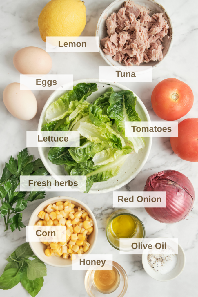 Ingredients needed to make high-protein tuna & egg salad.