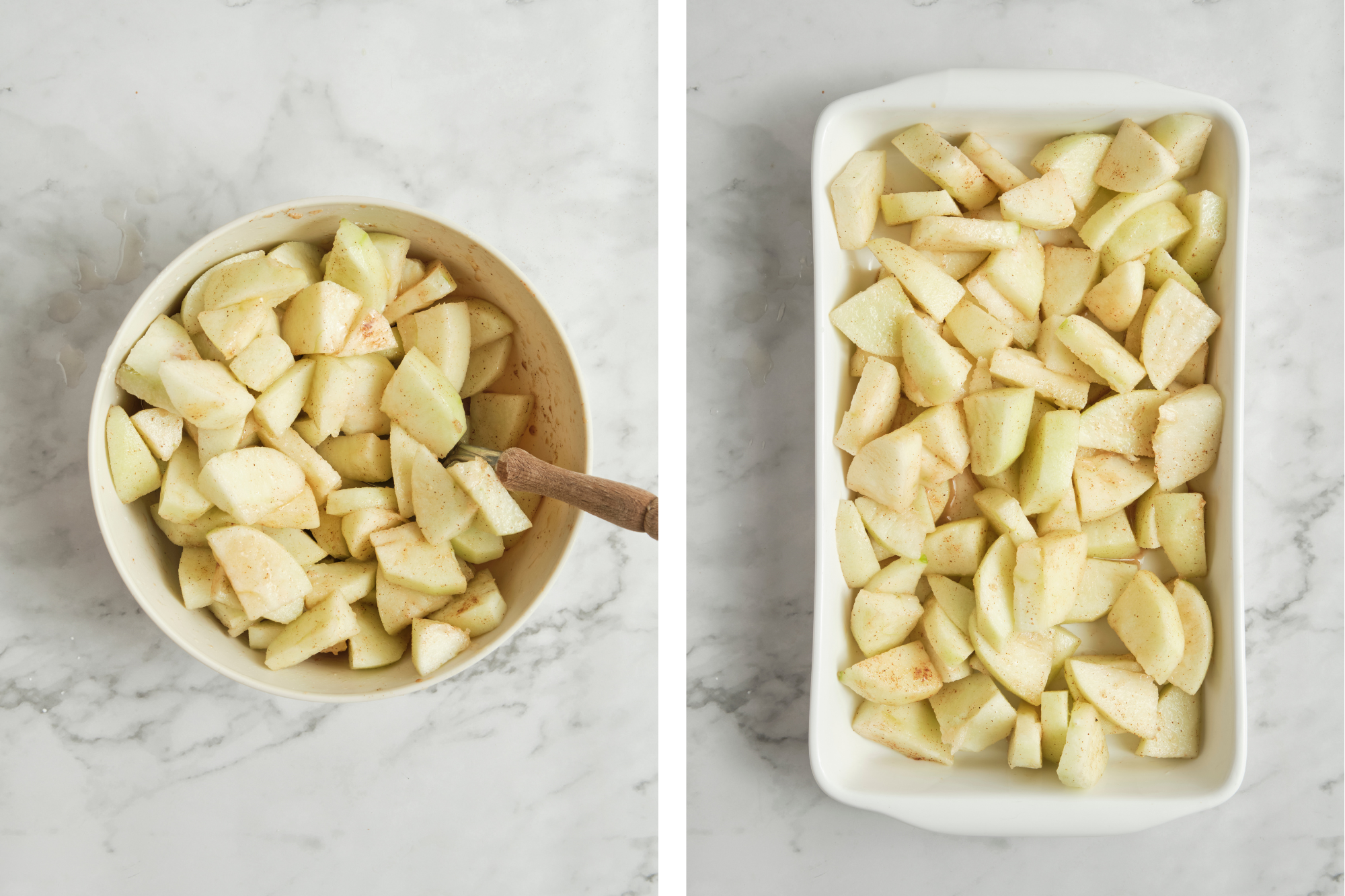 A close-up view of a  mixing bowl filled with fresh apple slices being tossed and coated in acinnamon glaze. Preparing it to be transferred into a baking dish.