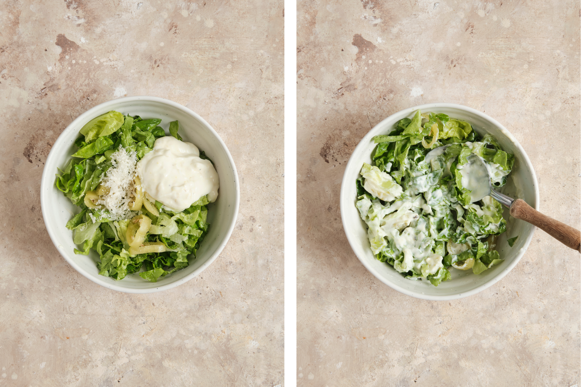 Sliced romaine lettuce, pepperoncini, and shredded parmesan cheese tossed with creamy Caesar dressing in a large bowl.
