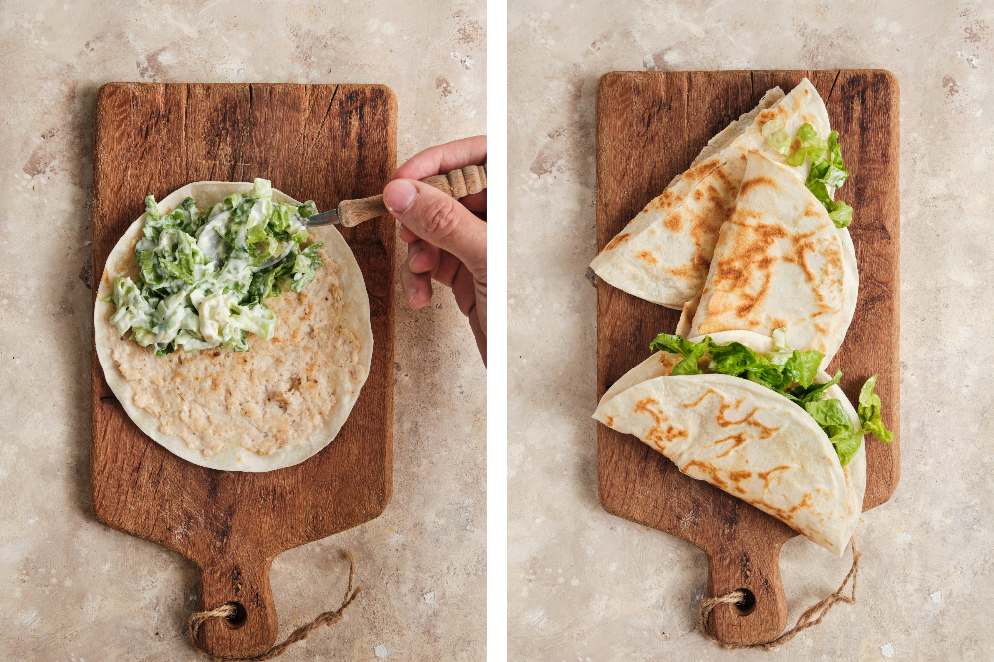 Side-by-side photos showing a cooked smash taco being topped with fresh Caesar salad, and the final folded tacos stacked on a wooden board.