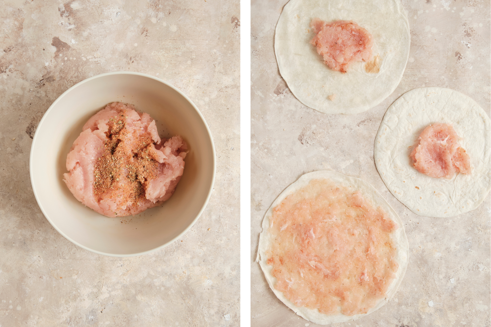 Spreading a thin, even layer of seasoned ground chicken across flour tortillas on a clean countertop.