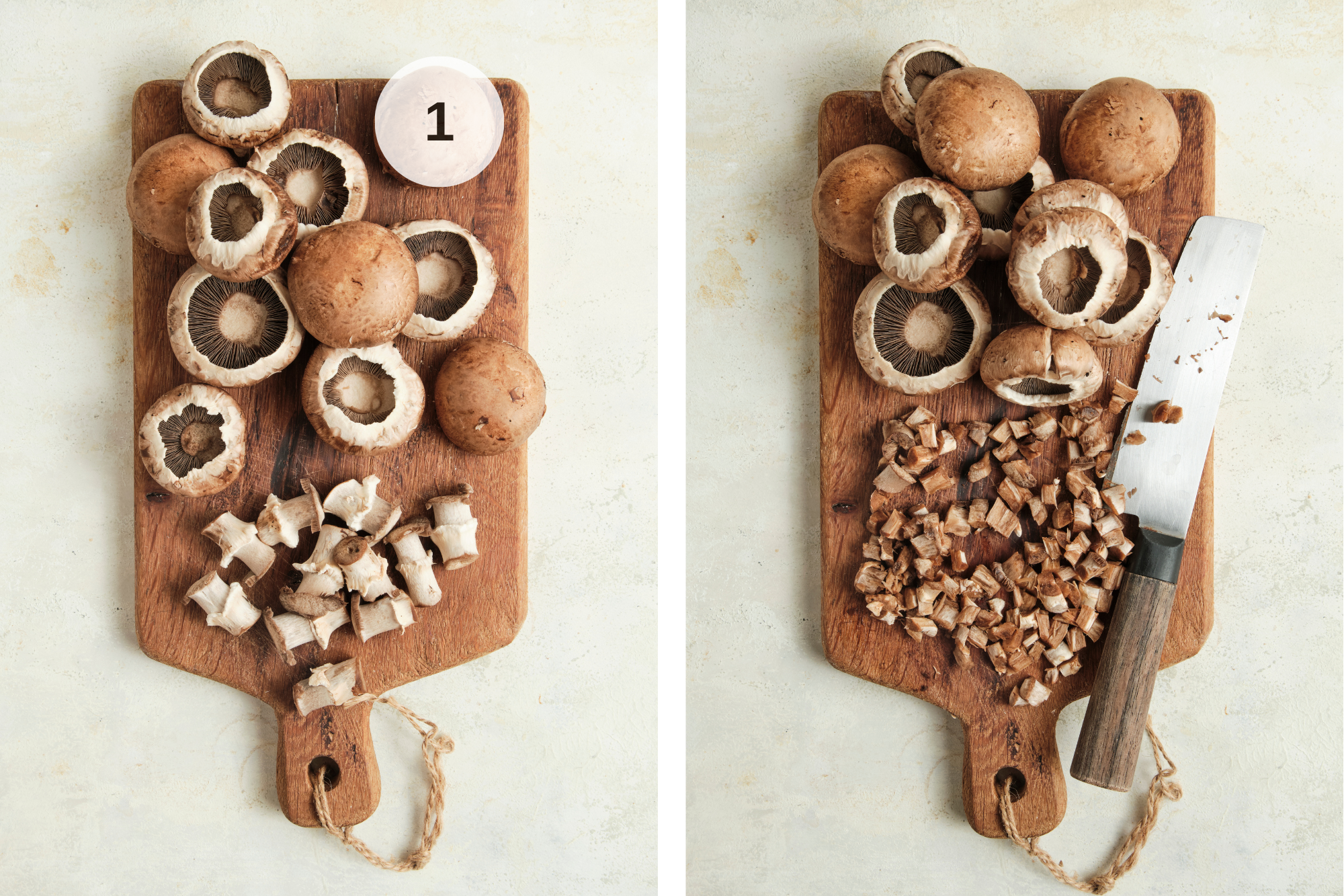Finely chopped mushroom stems on a wooden cutting board next to a pile of empty cremini mushroom caps