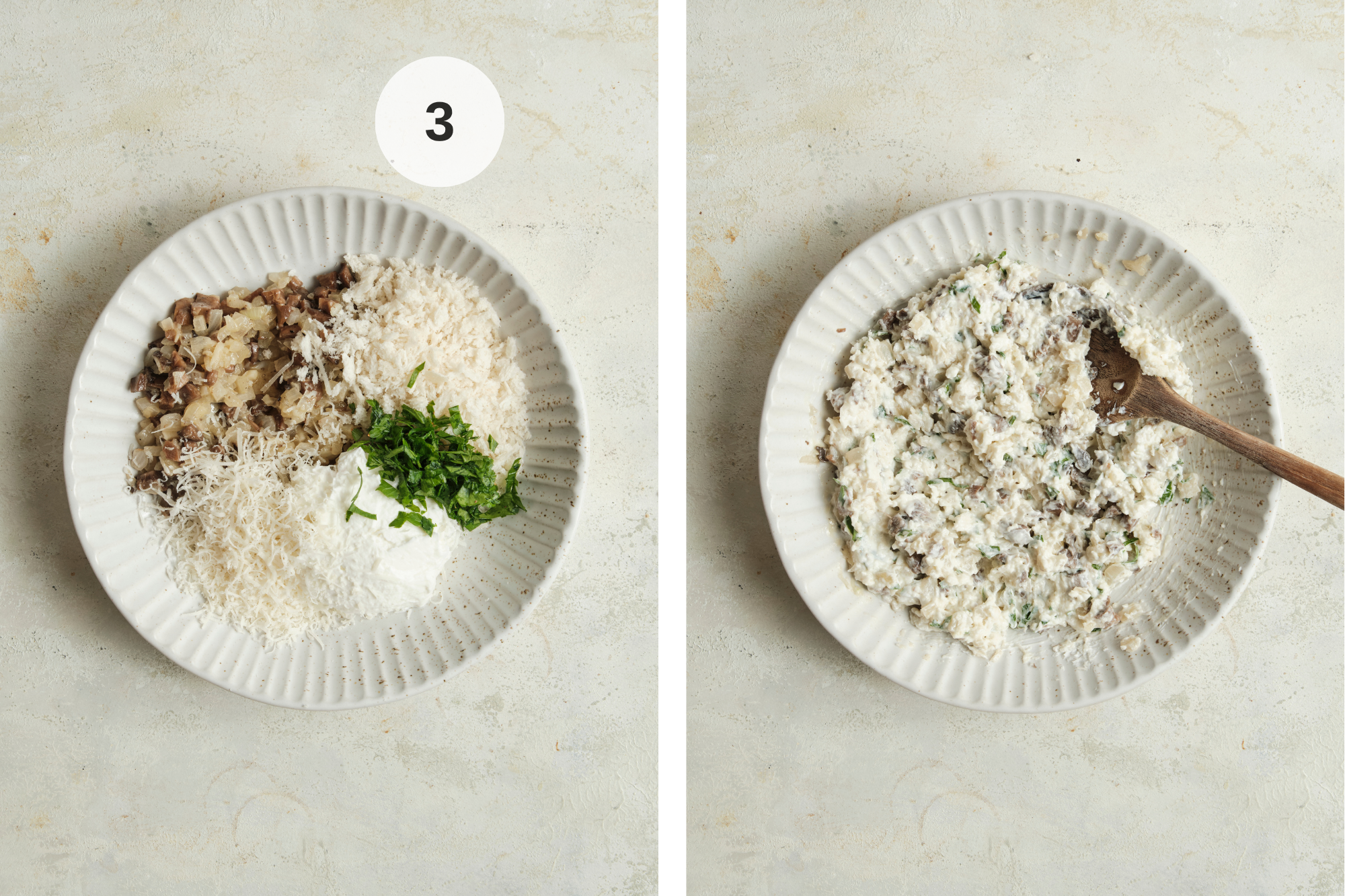 showing the unmixed cream cheese, Parmesan, fresh parsley, and breadcrumbs in a bowl on the left, and the well-combined, creamy stuffing mixture being stirred with a wooden spoon on the right