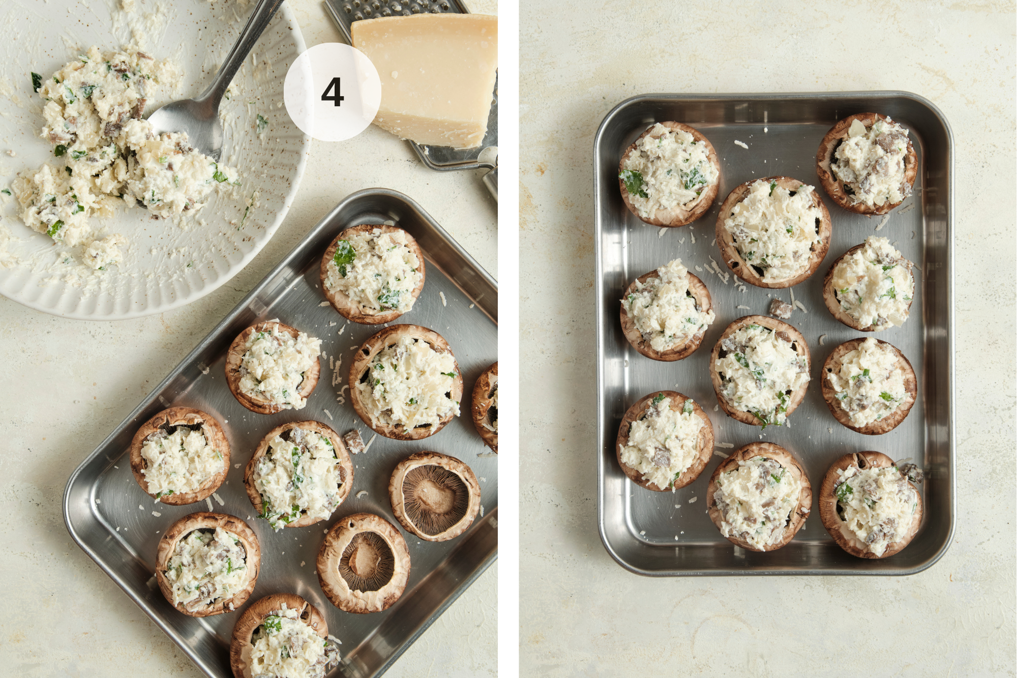 A side-by-side process shot labeled as step 4, showing a metal spoon scooping cheese filling into cremini mushroom caps on the left, and a baking sheet filled with stuffed mushrooms topped with Parmesan and breadcrumbs on the right