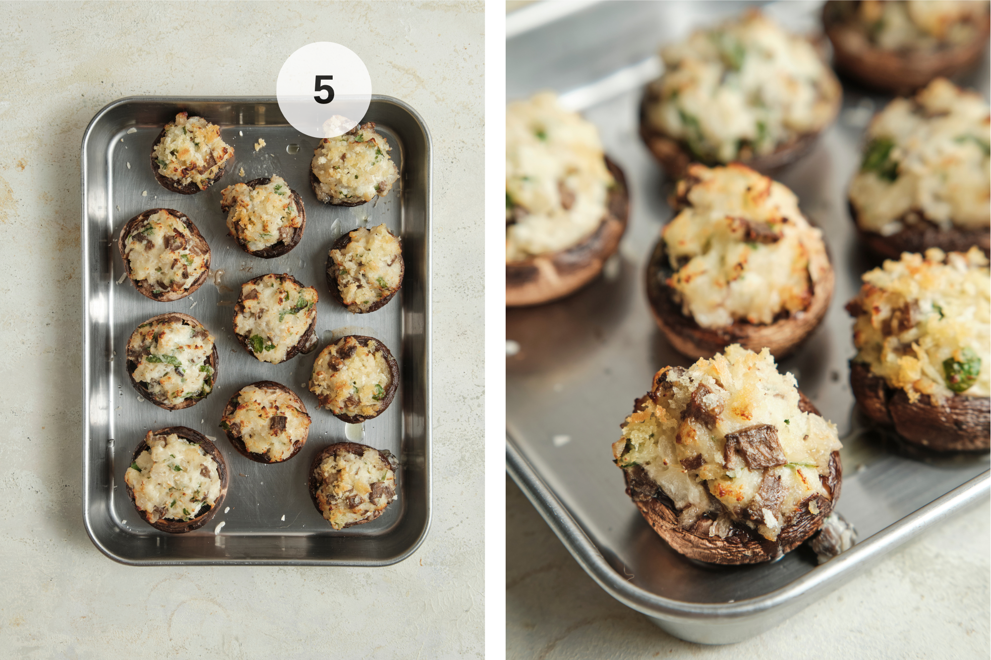 A side-by-side process shot labeled as step 5, showing a baking sheet of golden-brown baked stuffed mushrooms on the left, and a close-up of the crispy, Parmesan-crusted stuffed mushrooms ready to serve on the right.