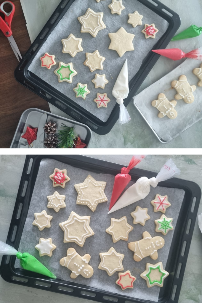 Baked German Christmas cookies with icing decoration